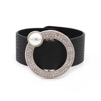 european fashion punk wide pearl crystal cuff leather bracelet bangles for women wedding jewelry new 2022