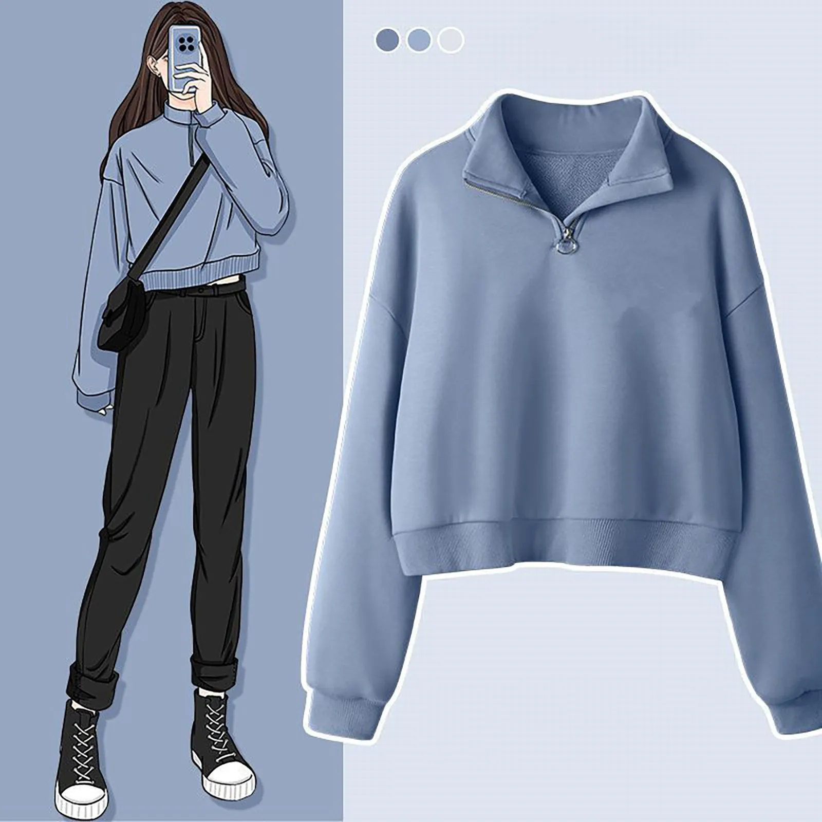 

Korean Style Hoodless Sweatshirts Solid Color Short Sweatshirt Lapel Collar Sweater Long Sleeve Women's Sweatshirt Moletom 2023