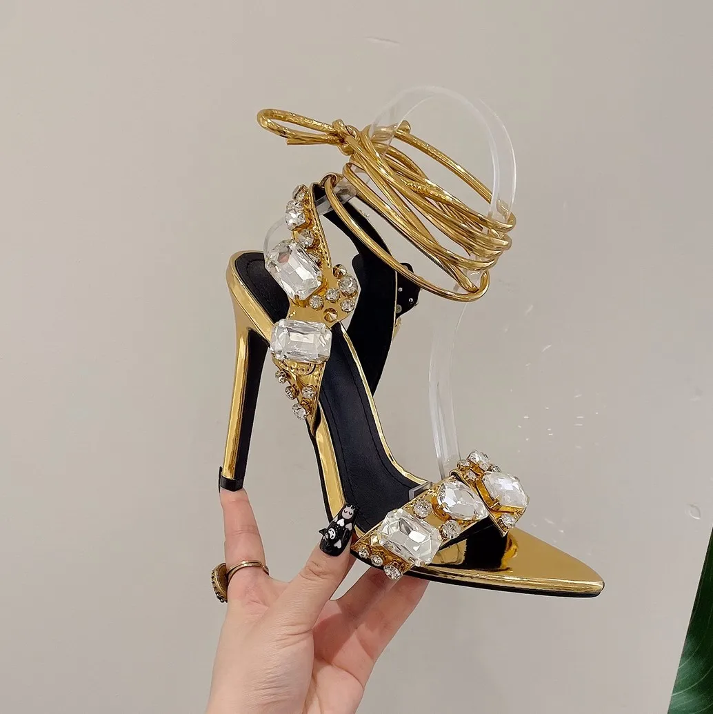 Xibeilove 2023 Summer Women's Sexy Luxury Pointed Rhinestone Strap Green Sandals Party Club High Heels Wedding Bridal Shoes