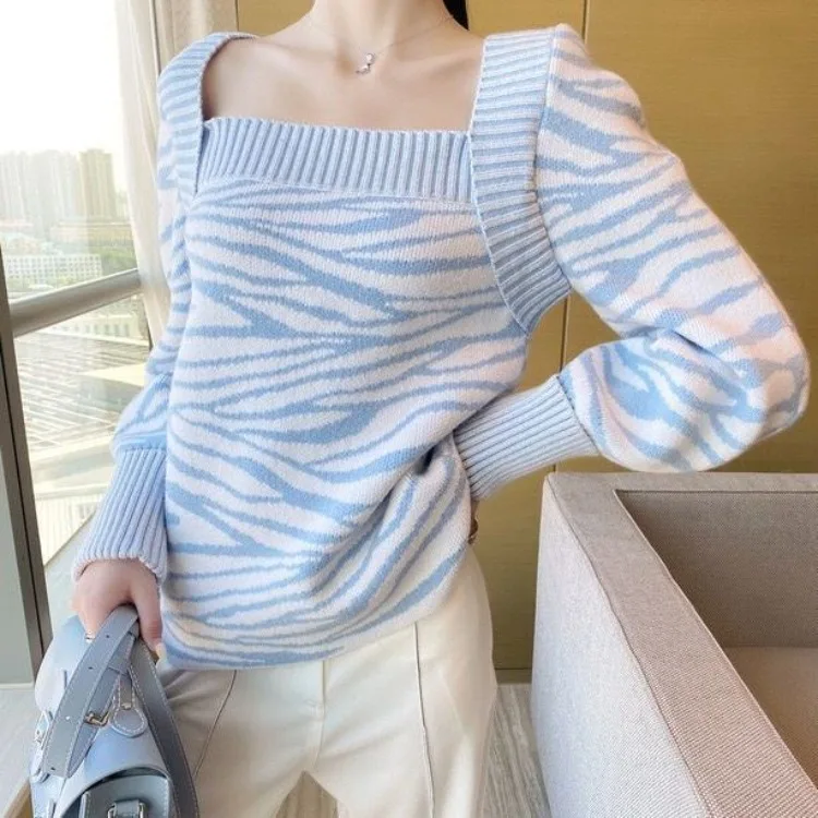 Korejepo сине-белые полоски контрастных цветов квадратный воротник ленивый свитер
