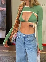 2022 new green slim sexy halter bandage bras crop tops long sleeve ribbed cute y2k t shirts women contrast patchwork summer tees