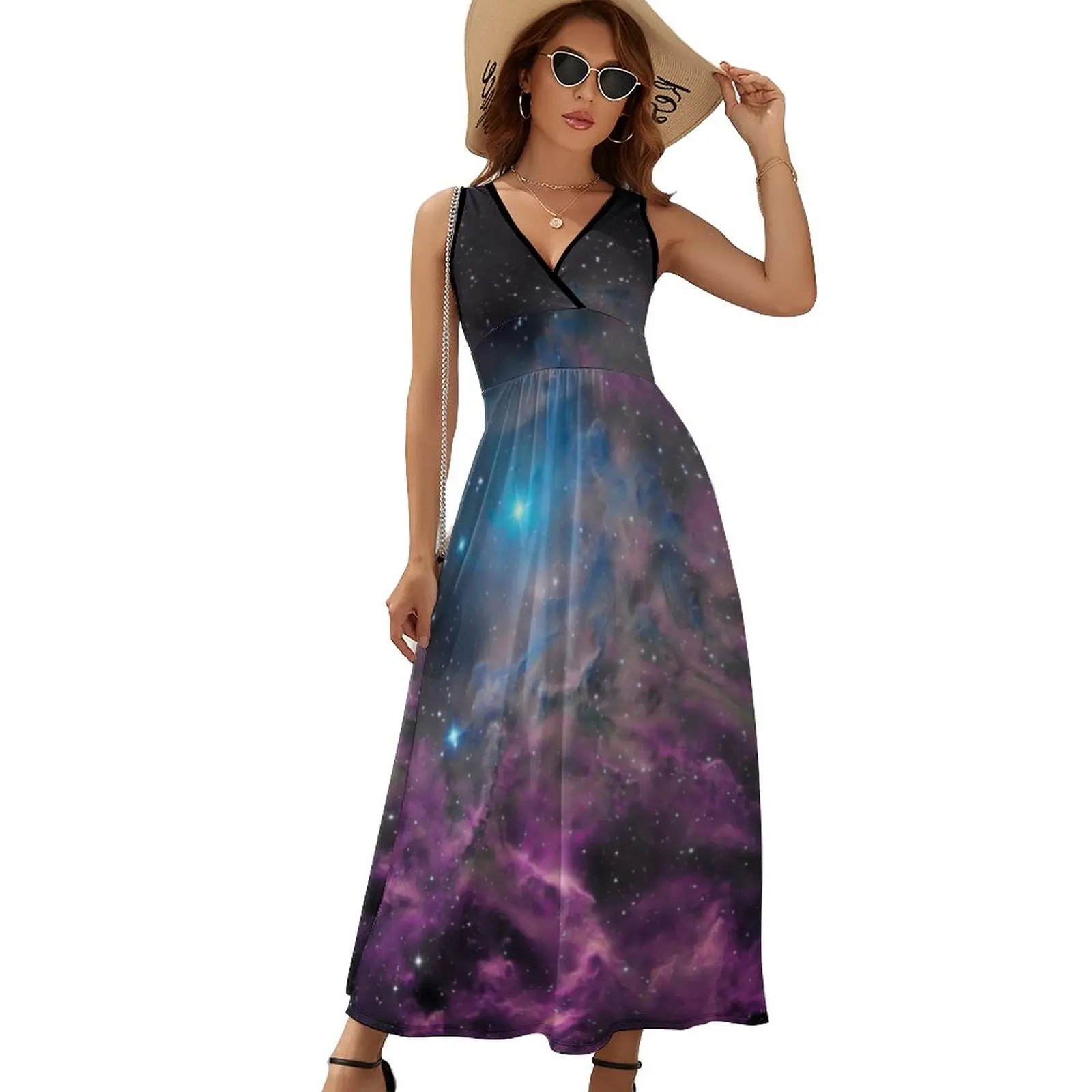 

Cloud Galaxy Dress Summer Flaming Star Nebula Simple V Neck Boho Beach Long Dresses Women High Waist Print Vintage Maxi Dress