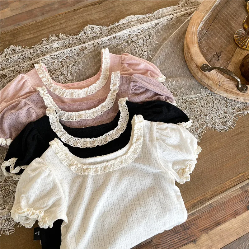 Lace Princess T-shirts Lolita Summer New Korean Style Baby Kids Girls Pure Color Soft Cute Tops Children Tees 4 Colors Toddler