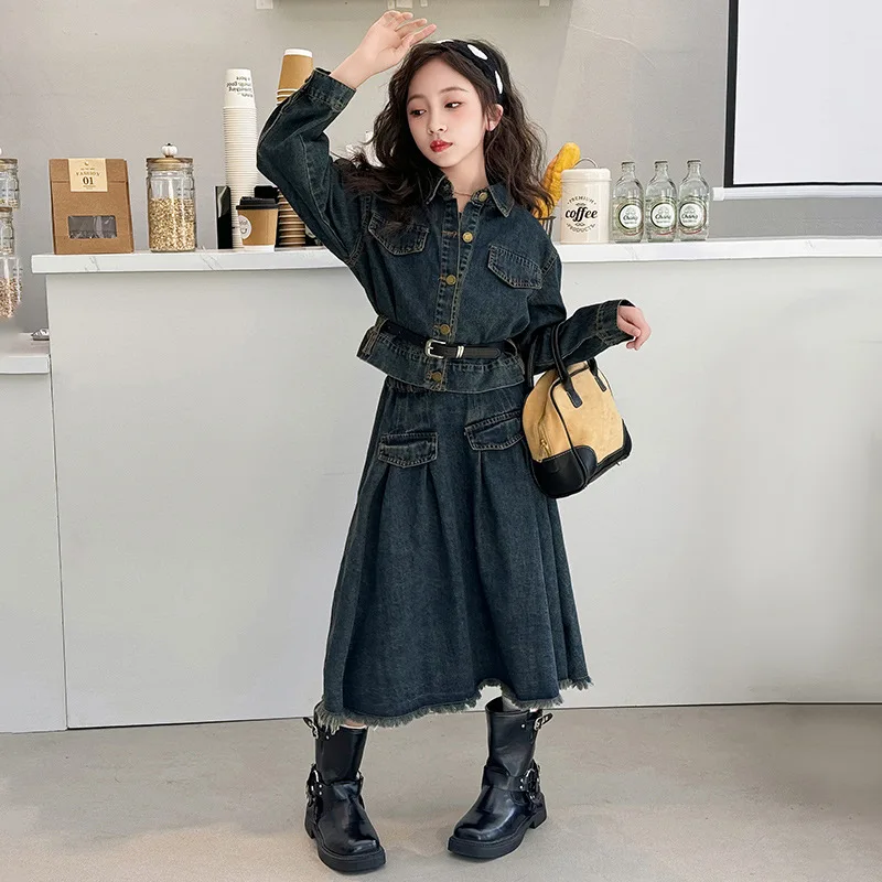 dziewczynie garnitury koreańska spódnica dżinsowa zestaw 2024 wiosna nowe małe dziewczynki koreański temperament dwuczęściowa odzież