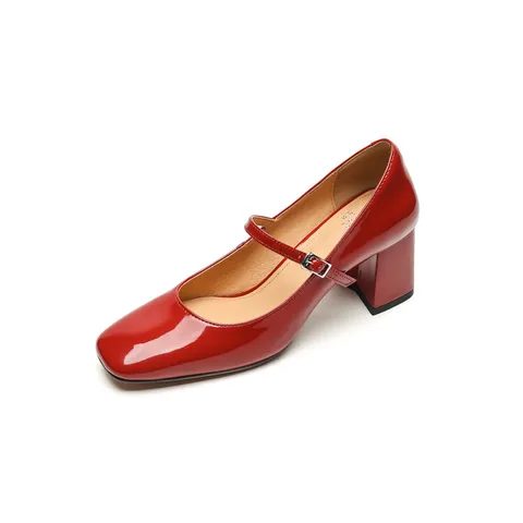 Туфли-лодочки Ochanmeb женские на квадратном каблуке, глянцевая кожа, Туфли Мэри Джейн с пряжкой, красные, серебристые, бежевые, офисные