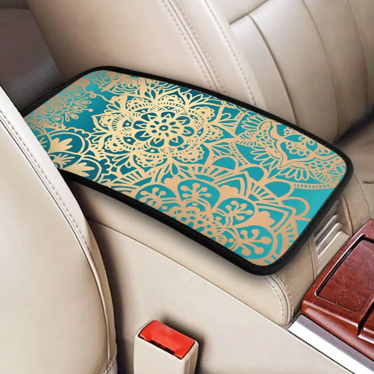 

Green Mandala Center Console Cover Pad Universal Cars Bohemian Boho Car Interior Cushion Armrest Cover Mat Storage Box Pad