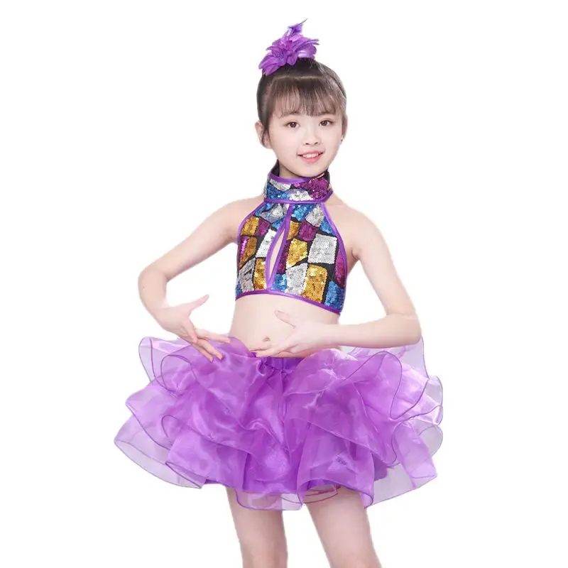 

Kids Girls Sequins Ballet Dance Dress Halter Ballroom Lyrical Jazz Dance Costumes Stage Performance Dancing Skirt Outfit