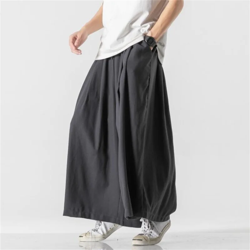 Wide leg pants men's harem trousers bloomers Chinese style cotton linen straight masculinas vetement  штаны мужские брюки black
