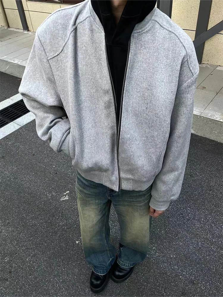 OkayThxBye Premium Wool Blend Bomber Jacket Zipper Closure Short Wide Basic Autumn Winter Outerwear Men's Fashion Standard Fit |