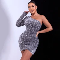 mini dress fashion sequins one shoulder long sleeve hip dress party for women 2022 sexy summer new nightclub