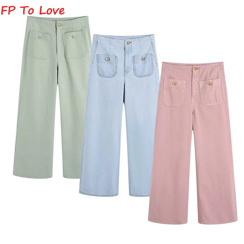 

FP To Love 2022 Spring New Gold Buttons Wide Legs and Ankle Fashion Jeans Women's High Waist Trousers
