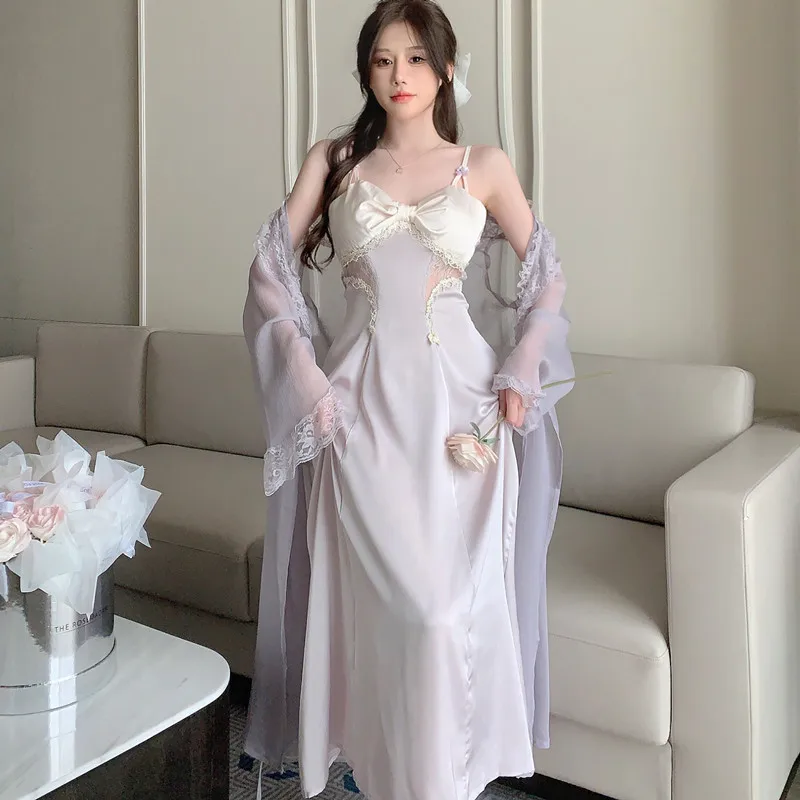 Костюм женский атласный из двух предметов кружевная ночная рубашка-кимоно халат