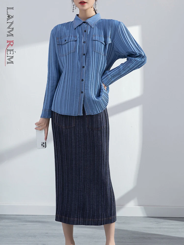 

Женская плиссированная рубашка LANMREM, однотонная однобортная рубашка с отложным воротником и длинным рукавом, прямой осенний женский топ 2022,...