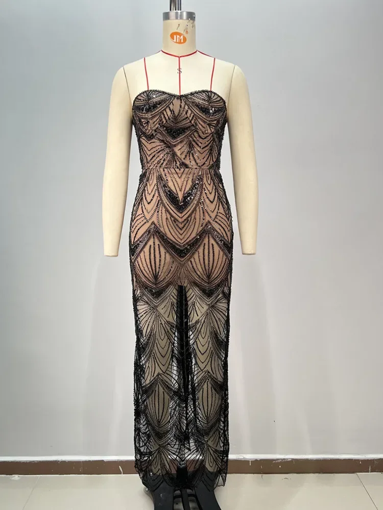 Женское роскошное сексуальное Сетчатое платье макси без бретелек с блестками