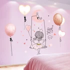 Наклейки на стену Девочка на качели, Мультяшные воздушные шары сделай сам, роспись, наклейки для детской комнаты, спальни, детской комнаты, украшение для дома