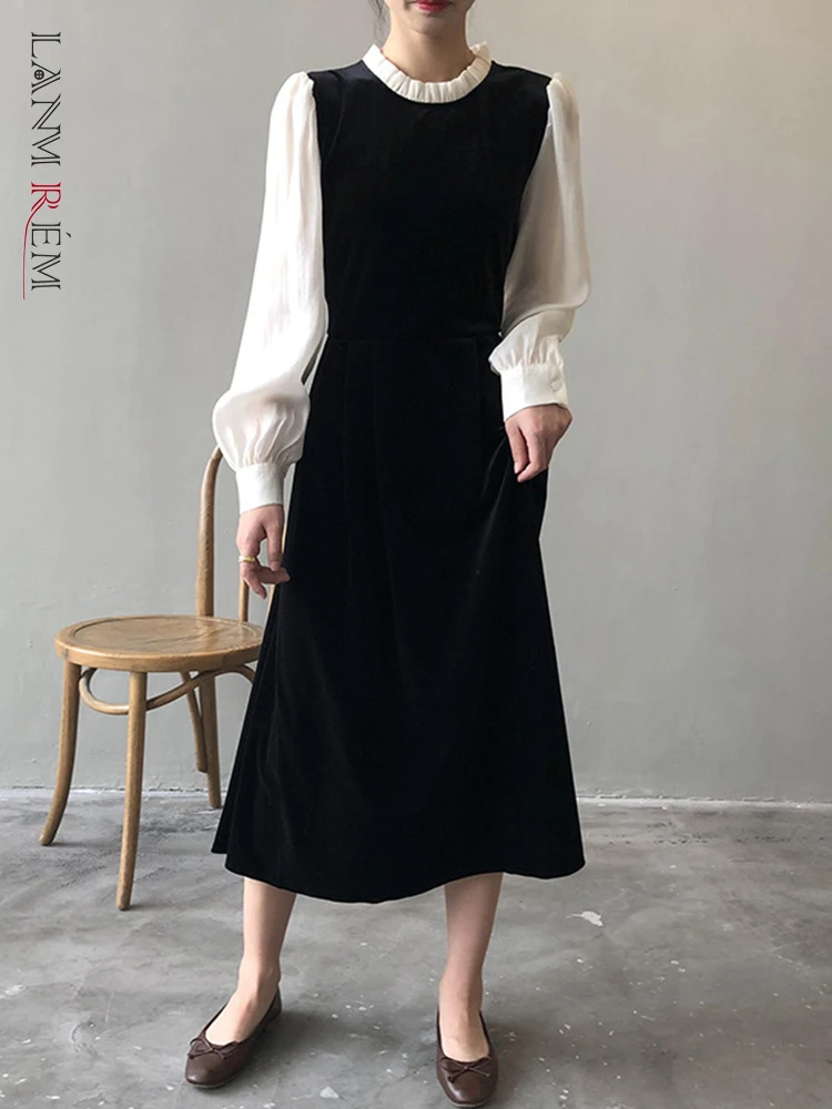 

LANMREM модное платье в Корейском стиле с круглым вырезом, цветное контрастное платье средней длины с пышными рукавами для женщин, новинка весны 2023, 2Q1499