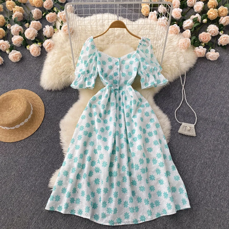 

Nomikuma 2022 New Spring Women Dress Vintage Puff Sleeve Square Collar Dresses Korean High Waist Velvet Vestidos Femme