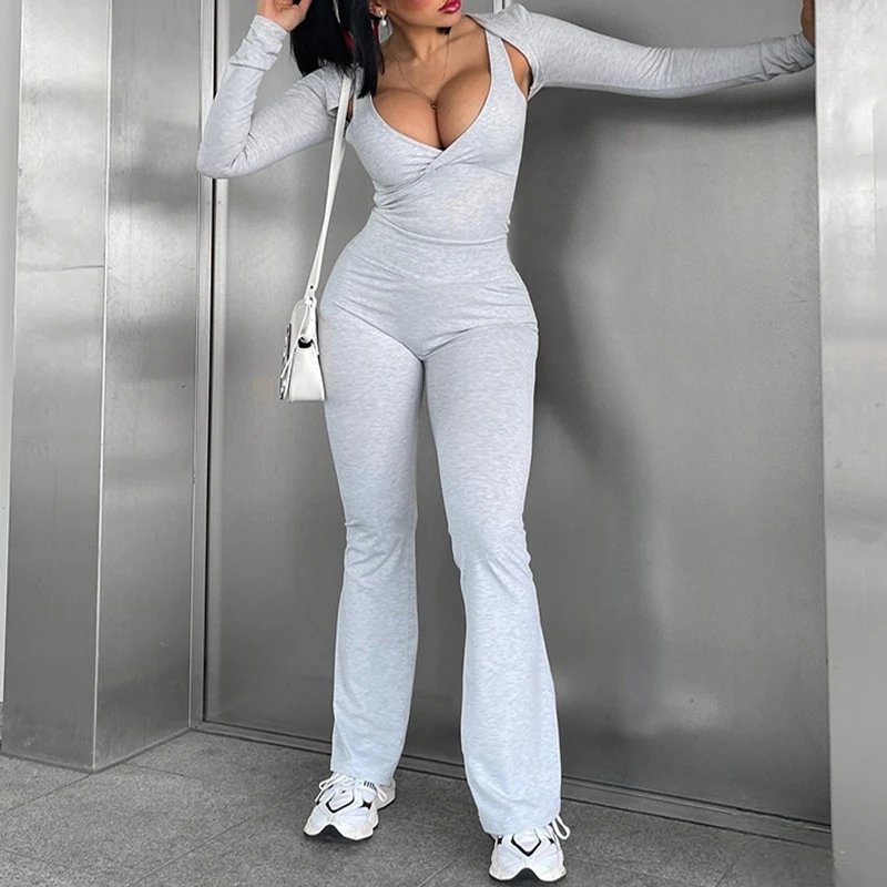 OMSJ уличный стиль с длинным рукавом глубоким V-образным вырезом обтягивающие