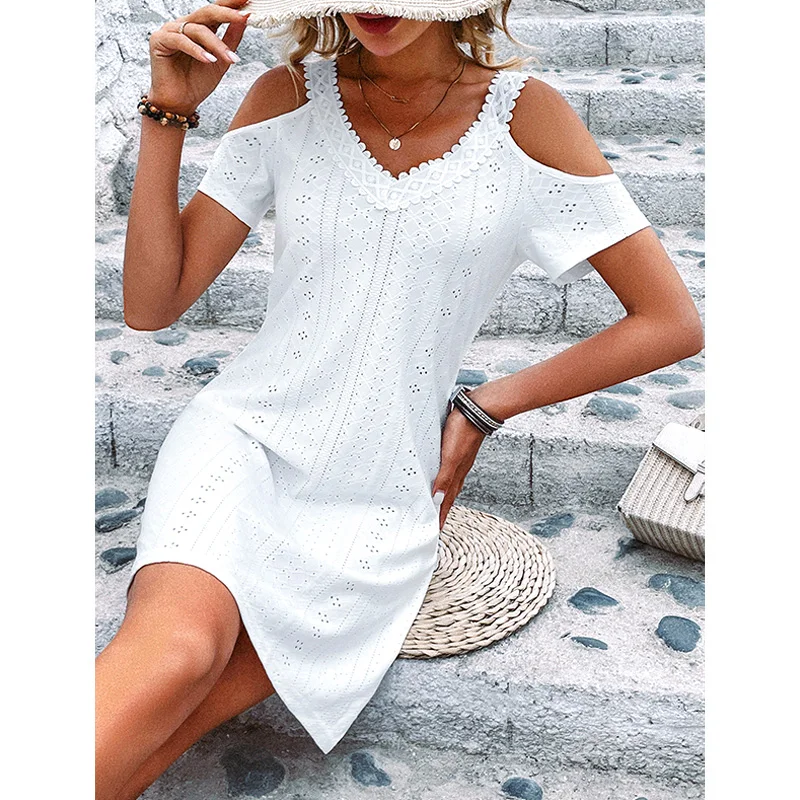 

Women Sexy Elegant Fashion Casual Spring Summer V Neck Slim Short Sleeves Solid Color Off Shoulder Sundress Lace Beach Dresses