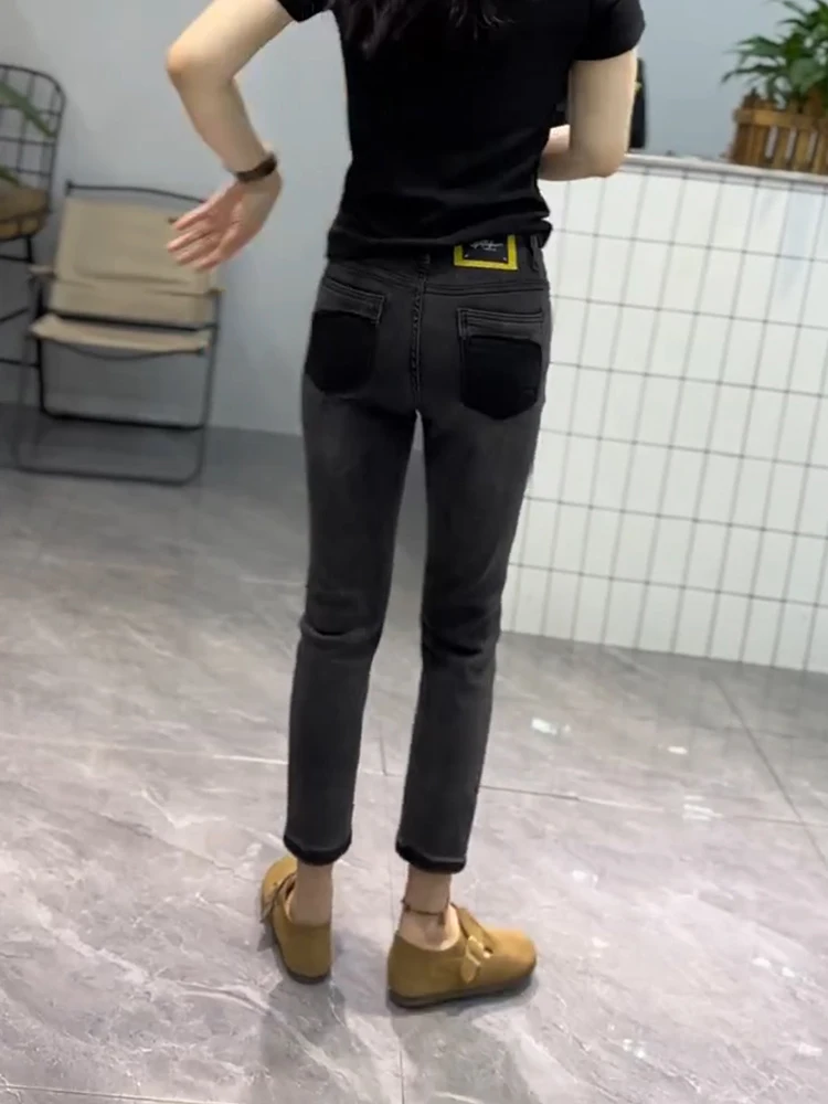 Y2k Black And Gray High-waisted Stretch Jeans Women Slightly Fat Wear With 2023 Summer New Thin Thin Foot Nine-point Pencil Pant