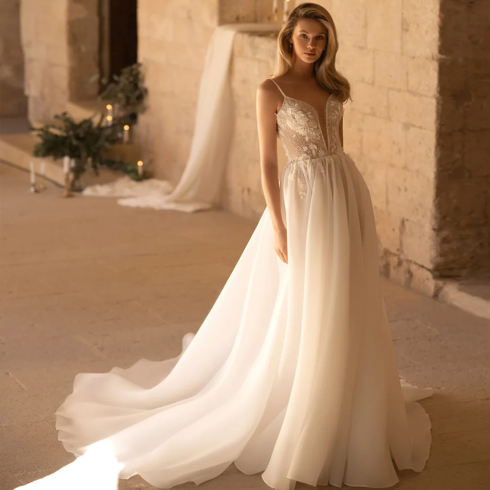 

Романтическое свадебное платье-трапеция 2024, свадебное платье с V-образным вырезом и открытой спиной, Женская официальная одежда для невесты, искусственное платье со шлейфом для часовни