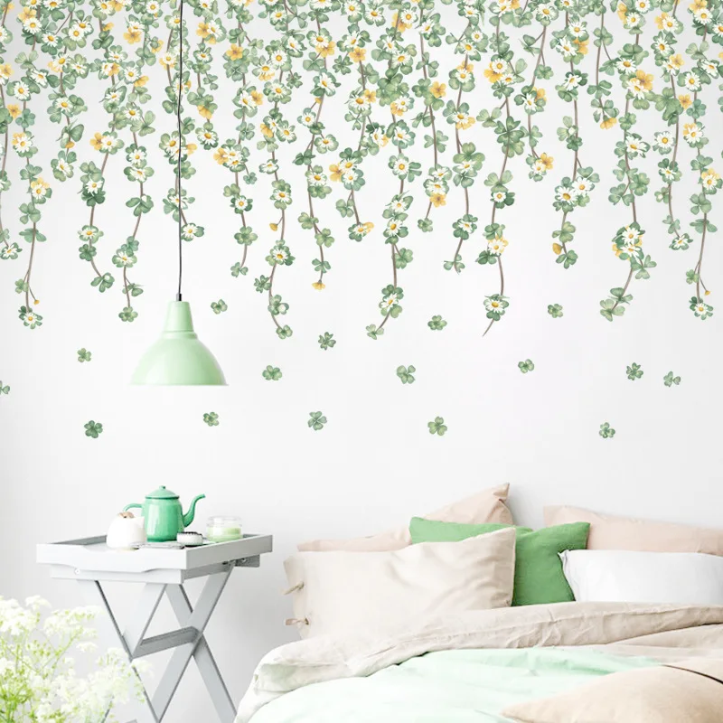 Nordic Fresh Plant Wall Stickers Top Corner Line Green Plant Daisy Wallpaper Living Room Bedroom Background Decor Wall Stickers