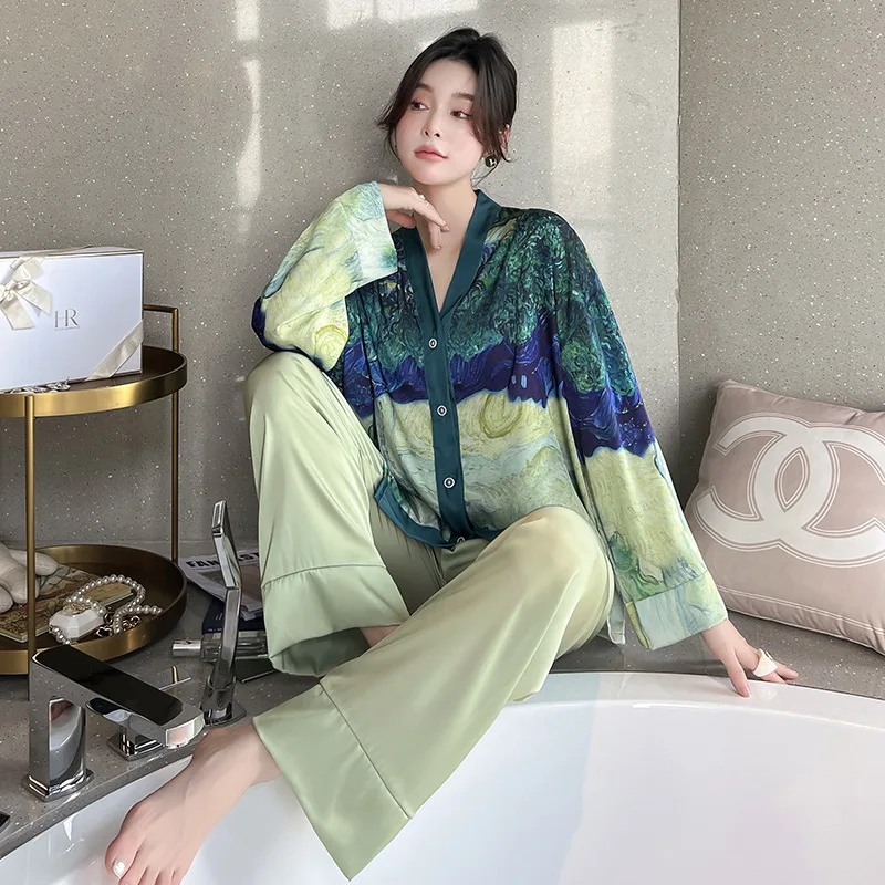 Ice Silk Pajamas Female Spring Summer Long-sleeved Pajama Cardigan Temperament Print Suit Wear Outside Women Home Clothes Suits