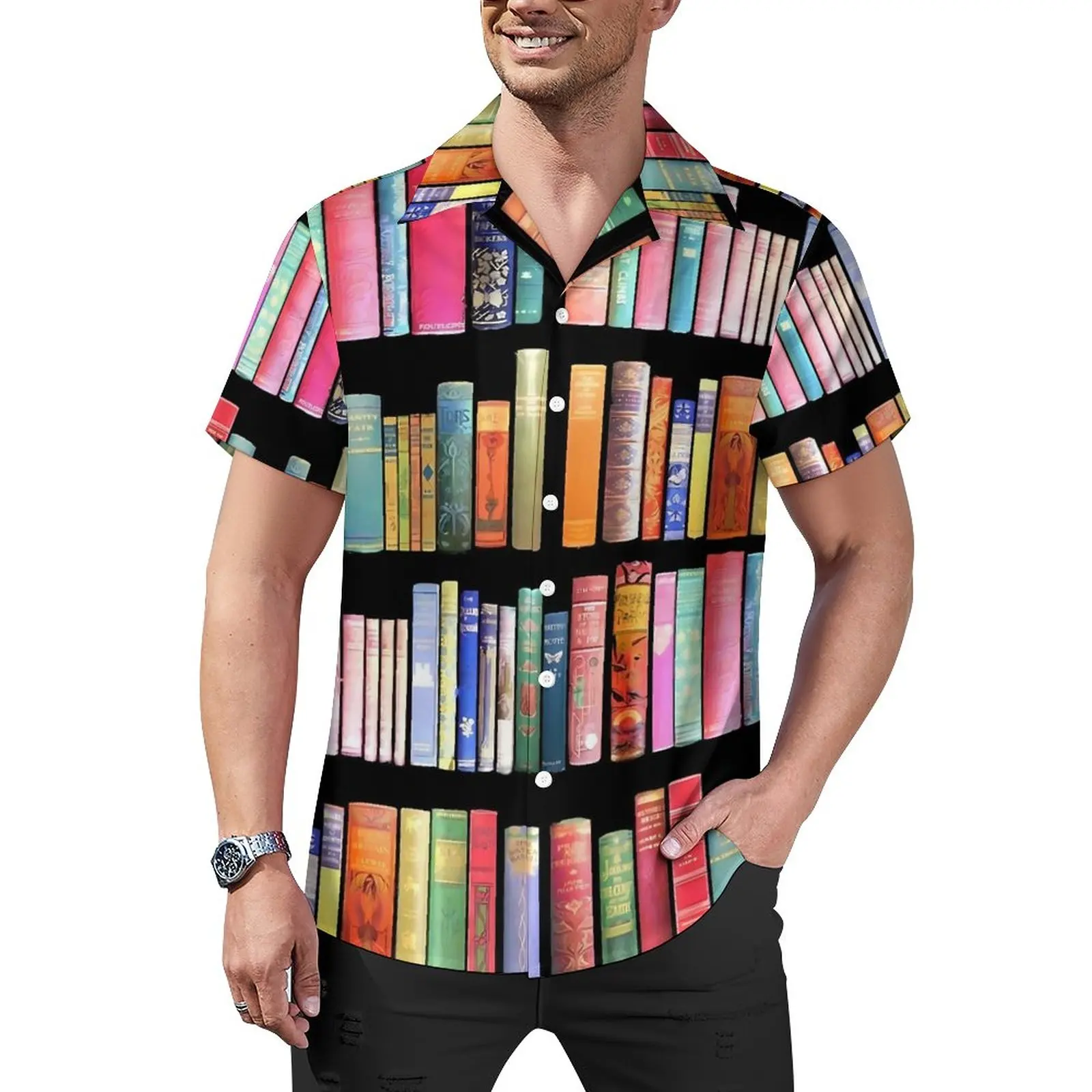 

Book Library Print Casual Shirt Bookworms Delight Beach Loose Shirt Hawaiian Vintage Blouses Short Sleeve Graphic Oversize Top