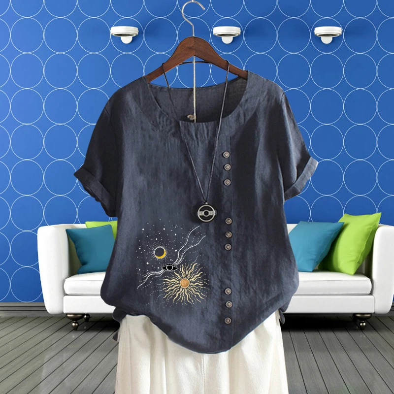 

Lady's T Shirt Women's Clothing Round Neck Printed Loose Cotton Linen Short Sleeve Eye Planet Pattern Pullover Top for Summer