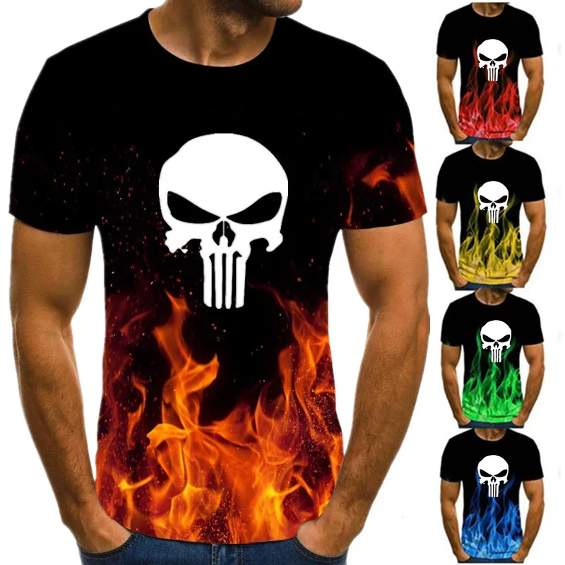 

2022 summer new men's T-shirt 3D flame skull fashion short sleeve street round neck t-shirt men's / women's casual top