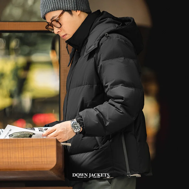 Maden Winter 80% White Duck Down Jackets Men’s Plus Size Coats Basic Puffer Jacket Windproof Hooded Warm Coat Hat Detachable