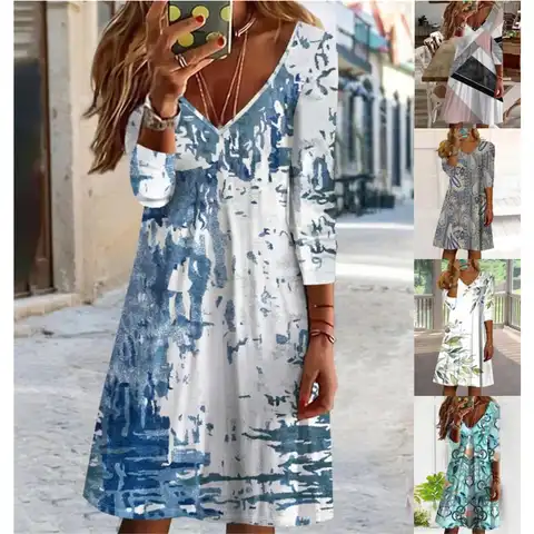 2022 Autumn New Women's Sexy V-Neck Long-Sleeved A-Line Skirt Fashion Casual Loose Tie-Dye Pullover Dress