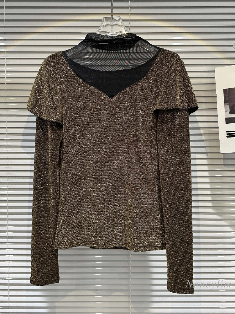 

2023 Autumn New Mesh Stitching Collar Bright Silk Fabric Temperament Long Sleeve T-shirt for Women All-Matching Top Stretch Tees