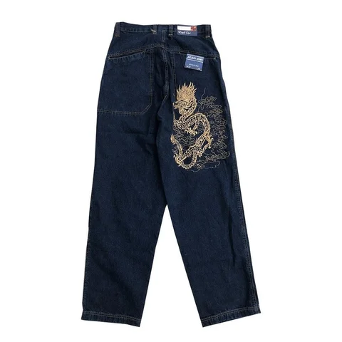 Retro Street Skateboarding Street Dance Loose Chinese Dragon Embroidered High Waist Jeans Womens Daddy Mopping Jeans Womens 2021