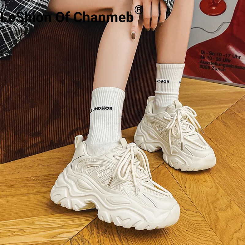 

LeShion Of Chanmeb Women Real Leather Flats Chunky High Platform Shoes Sneakers Thick Sole Shoes Ladies Laceup Old Daddy Sneaker