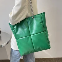 brand green pu leather shoulder bags for women large capacity shopper bag big plaid handbag female chain design casual tote bag