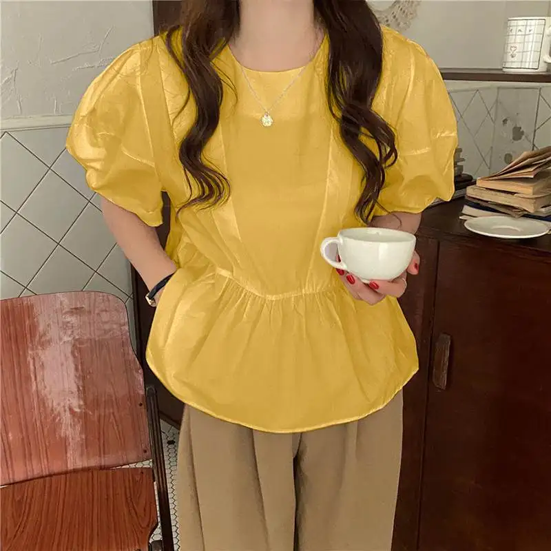 

Женские топы с коротким рукавом VONDA 2022, женская летняя блузка, повседневные однотонные топы с круглым вырезом и оборками, свободная рубашка, ...