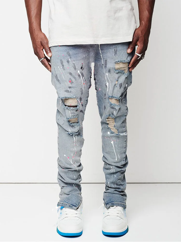 Side Slit Zipper Jeans Men's Paint Slim Fit Cotton Ripped Denim Pants Autumn High Street Fashion Knee Abrasion Light Blue Jeans