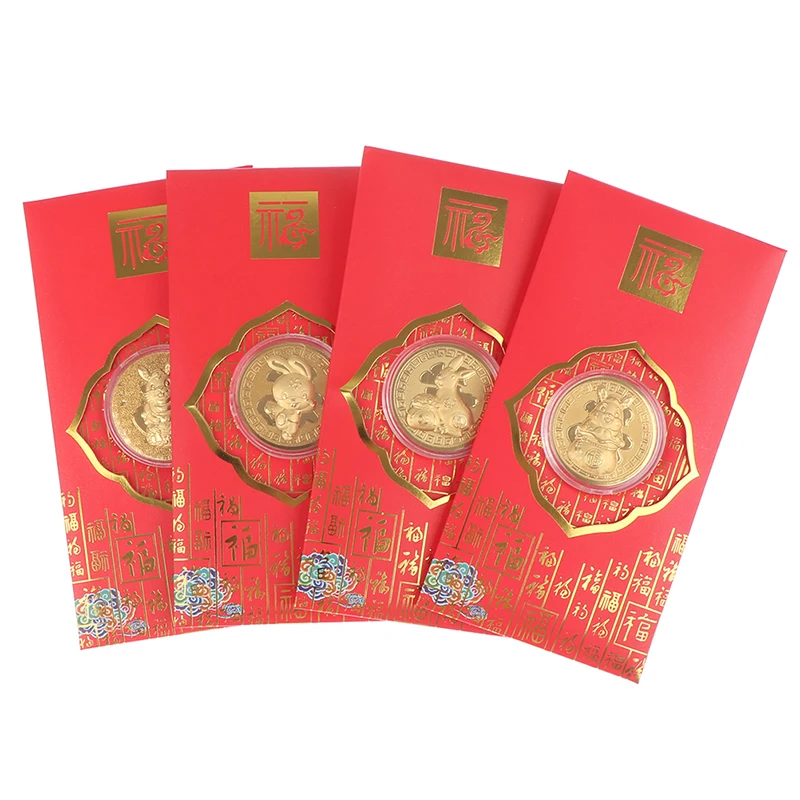 

Золотая монета на Лунный Новый год 2023 Год Кролика красная Золотая фольга на удачу Китайский праздник Весны Hongbao