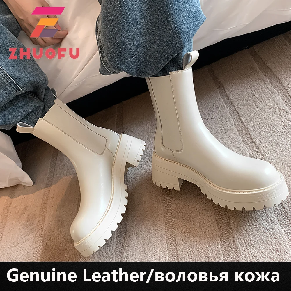

ZHUOFU 2023 New Ins Women Ankle Boots Real Leather Winter Women'S Shoes Fashion Platform Ladies Short Boots Footwear Size 34-40