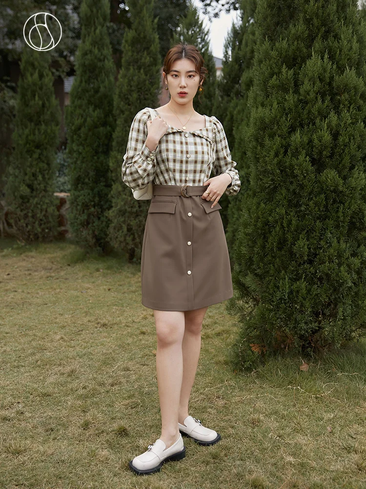 

DUSHU Slightly Fat Lady Square Collar Full Regular Sleeve Dress Empire waist Above Knee Mini A-LINE Dress Office Lady Plaid