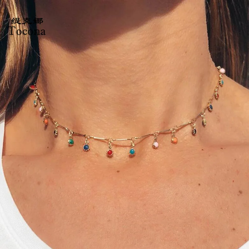 

Tocona Bohemian Colorful Beaded Necklace for Women Charms Tassel Clavicle Chain Chockers Handmade Party Jewelry collares B31203