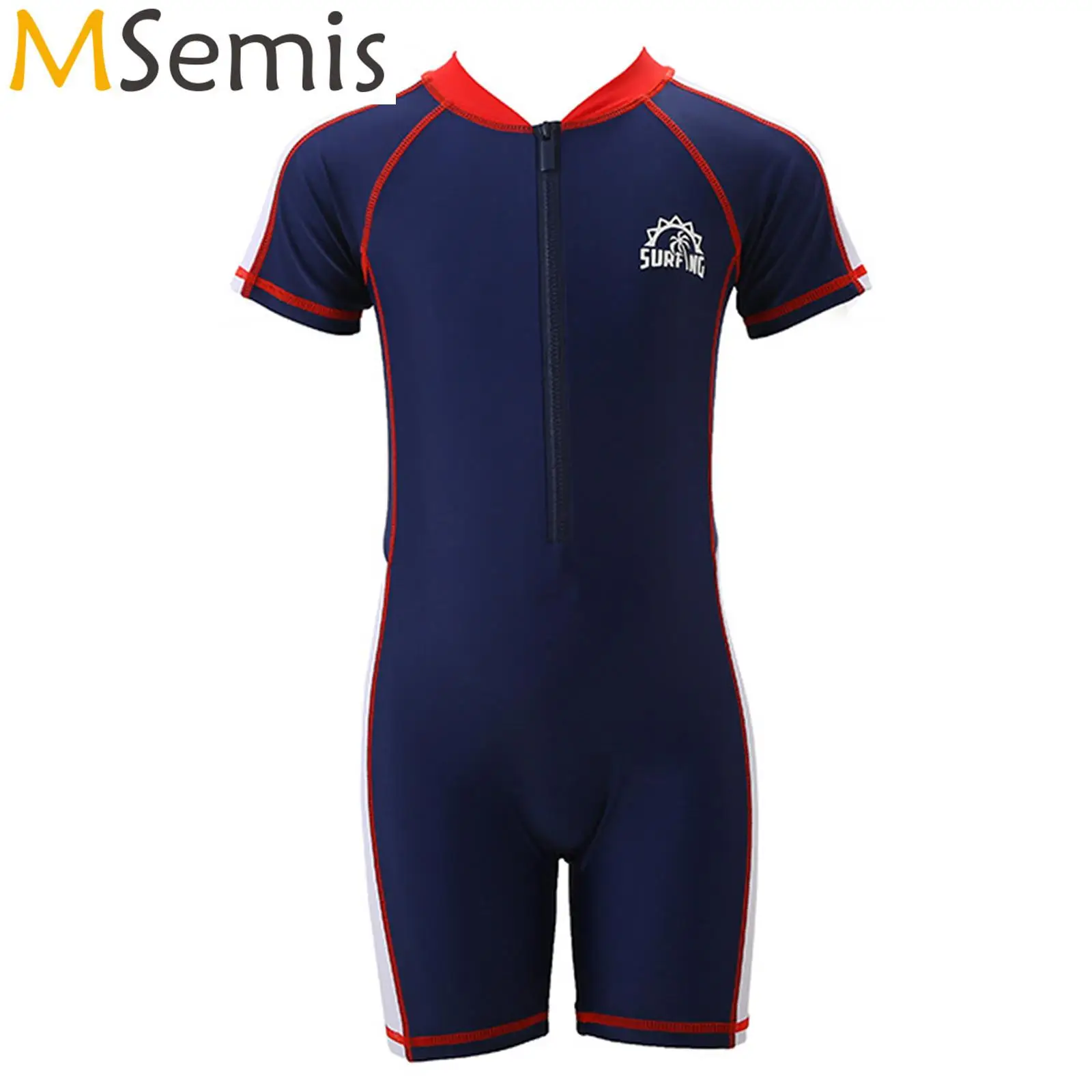 

Kids Boys One-piece Swimwear Short Sleeve Patchwork Zipper Short Jumpsuit Swimsuit Bathing Suit Pool Beach Athletic Swimwear