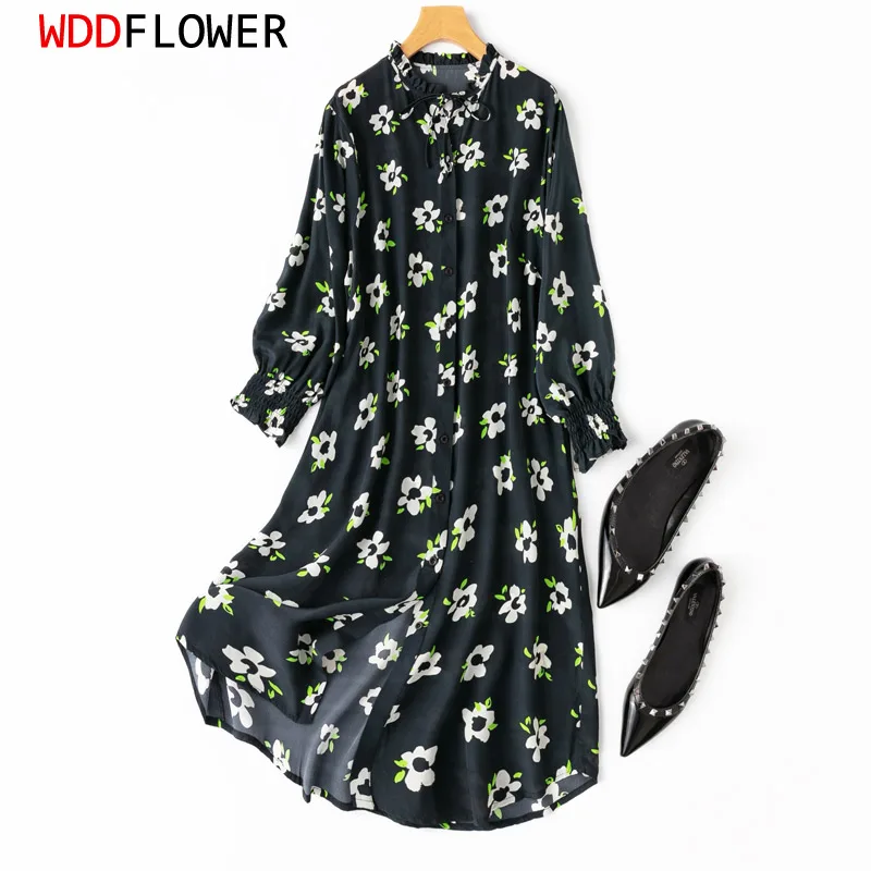 

On Sales! Women Shirt Dress 100% Mulbery Silk Dark Green Flowers Printed Ruffles Neck Puff Sleeve Buttons down Midi Dress MM550