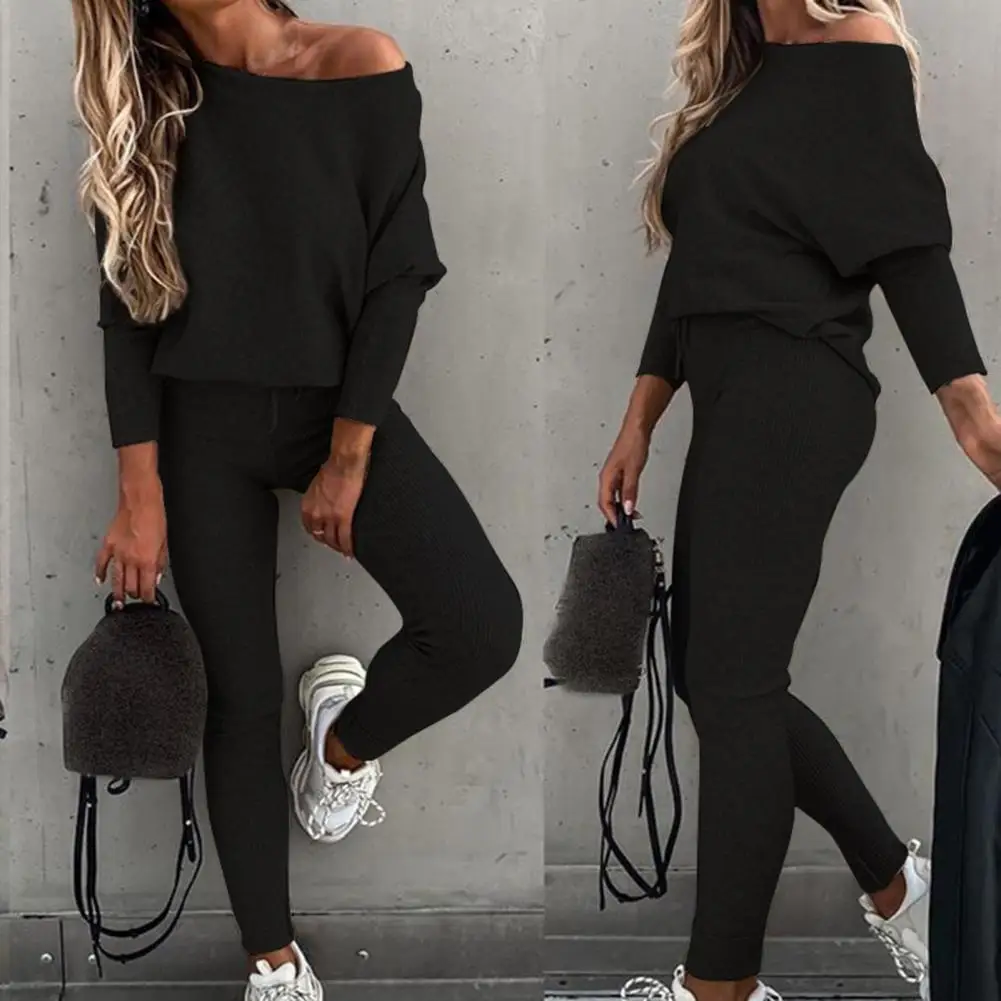 

1 Set Women Blouse Pants Set Solid Color Drawstring Autumn Winter Slanted Neck Sweatshirt Mid Waist Sweatpants Conjunto Casual