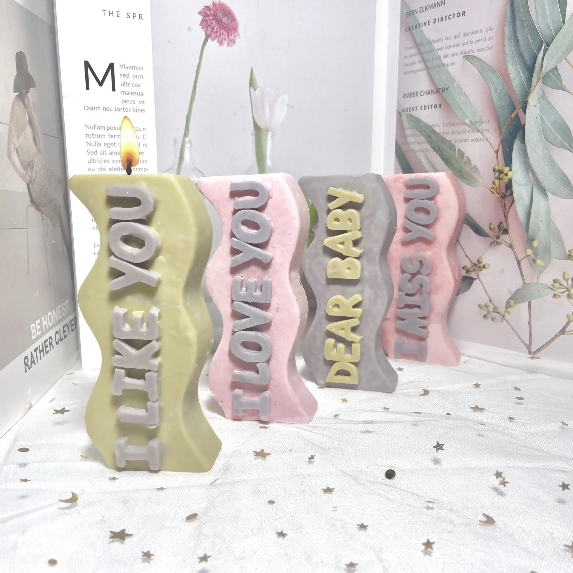 

Hot Sale DIY Stereo English Letter I LOVE YOU/DEAR BABY/IMISS YOU/I LIKE YOU Wave Candle Soap Aromatherapy Candle Silicone Mold