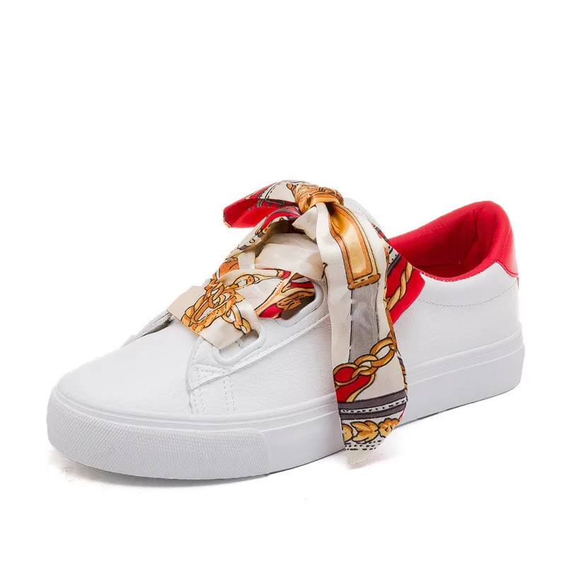 YeddaMavis Red Girl Sneakers New Fashion Silk Ribbon PU Leather Waterproof Flat Skate Lace Up Casual Shoes Women Vulcanize Shoes