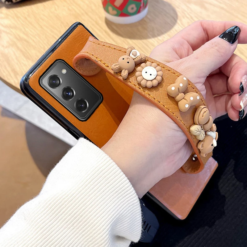 

Милый чехол из искусственной кожи с ремешком на запястье для Samsung Galaxy Z Fold 3 2