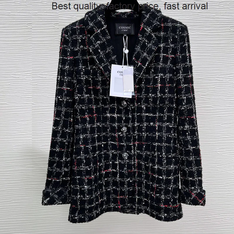 

quality luxury brand Fashion High Quality Tweed Jacket 2023 New Autumn Lapel Single Breasted Plaid Coat Runway Silk Lining Offic