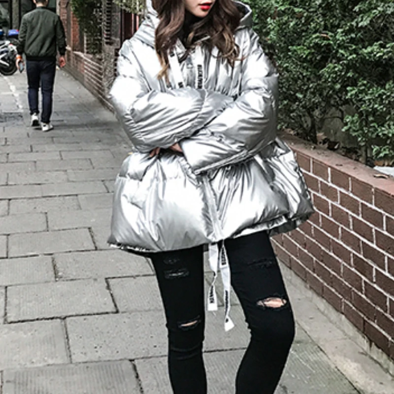 New Winter Glossy Bright Down Parkas Loose Casual Autumn Warm Thickening Women Jackets Female Hooded Coats Solid Zipped Jacket
